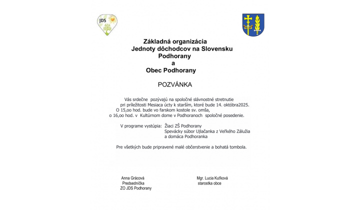 Pozvánka na posedenie - Október, mesiac úcty k starším