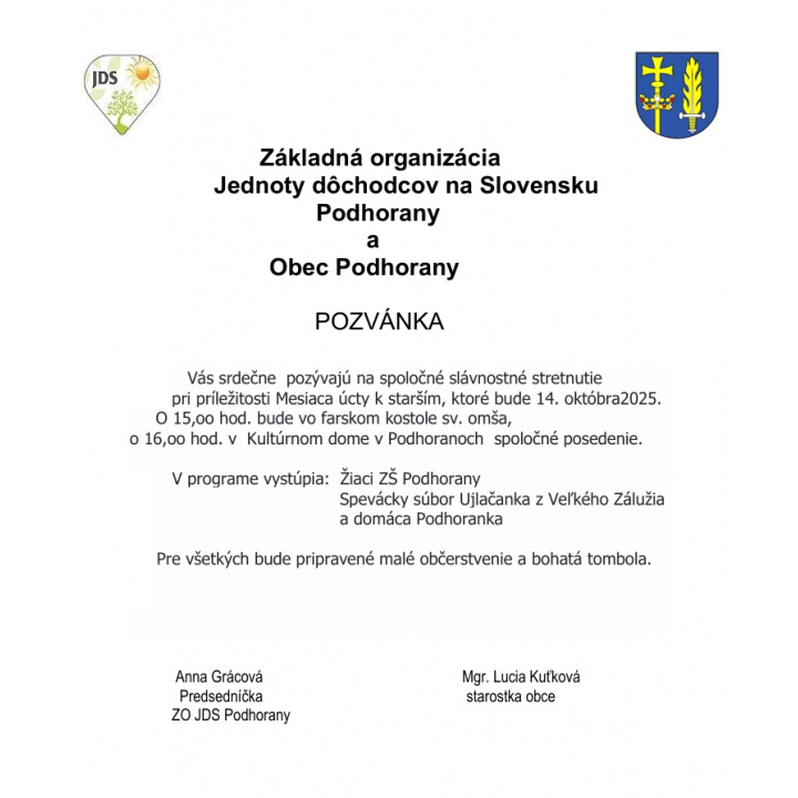 Pozvánka na posedenie - Október, mesiac úcty k starším
